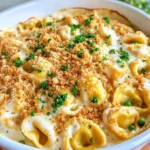 Homemade Three-Cheese Baked Tortellini Alfredo dish photo