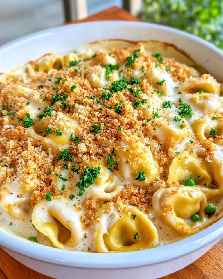Homemade Three-Cheese Baked Tortellini Alfredo dish photo