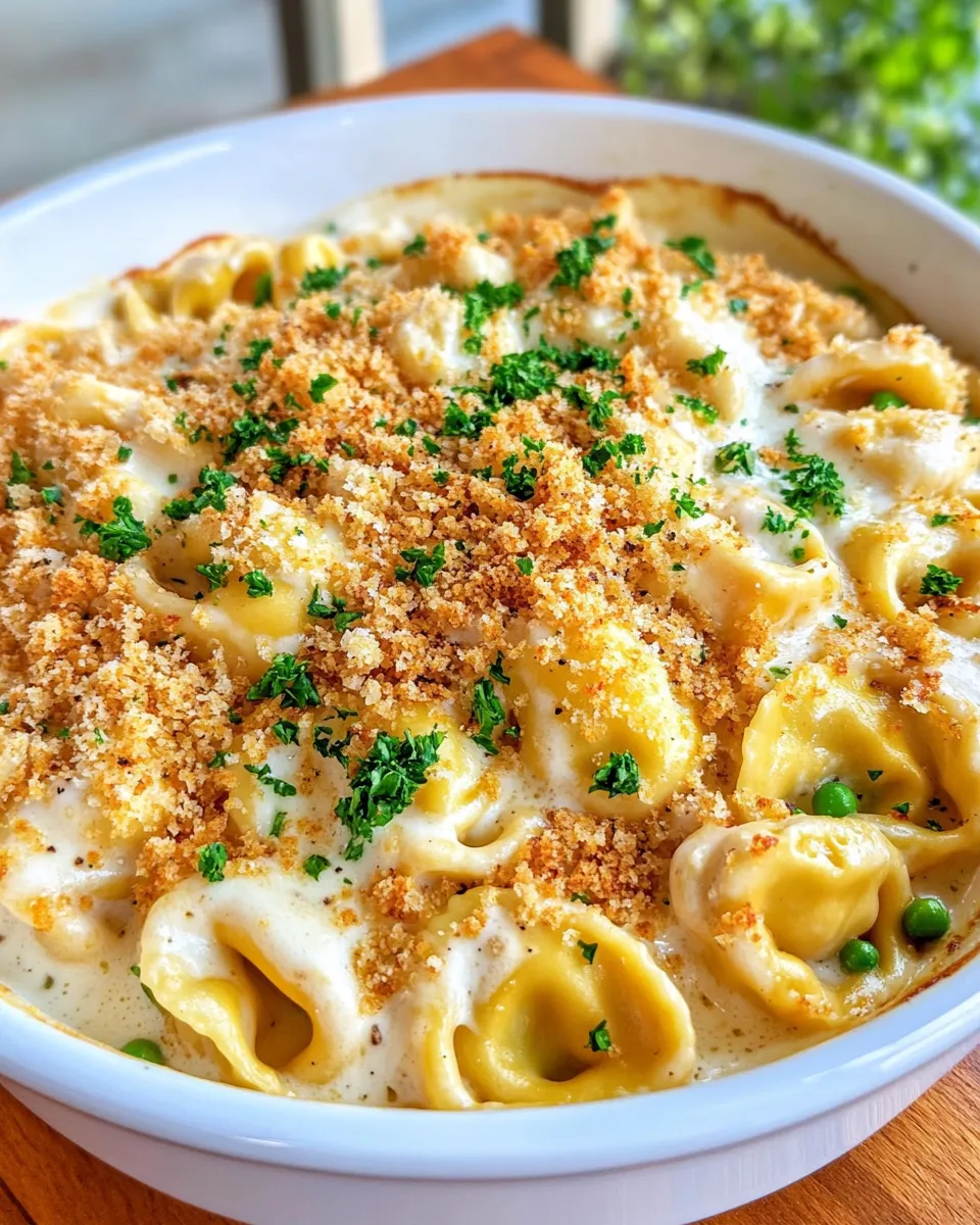 Homemade Three-Cheese Baked Tortellini Alfredo dish photo
