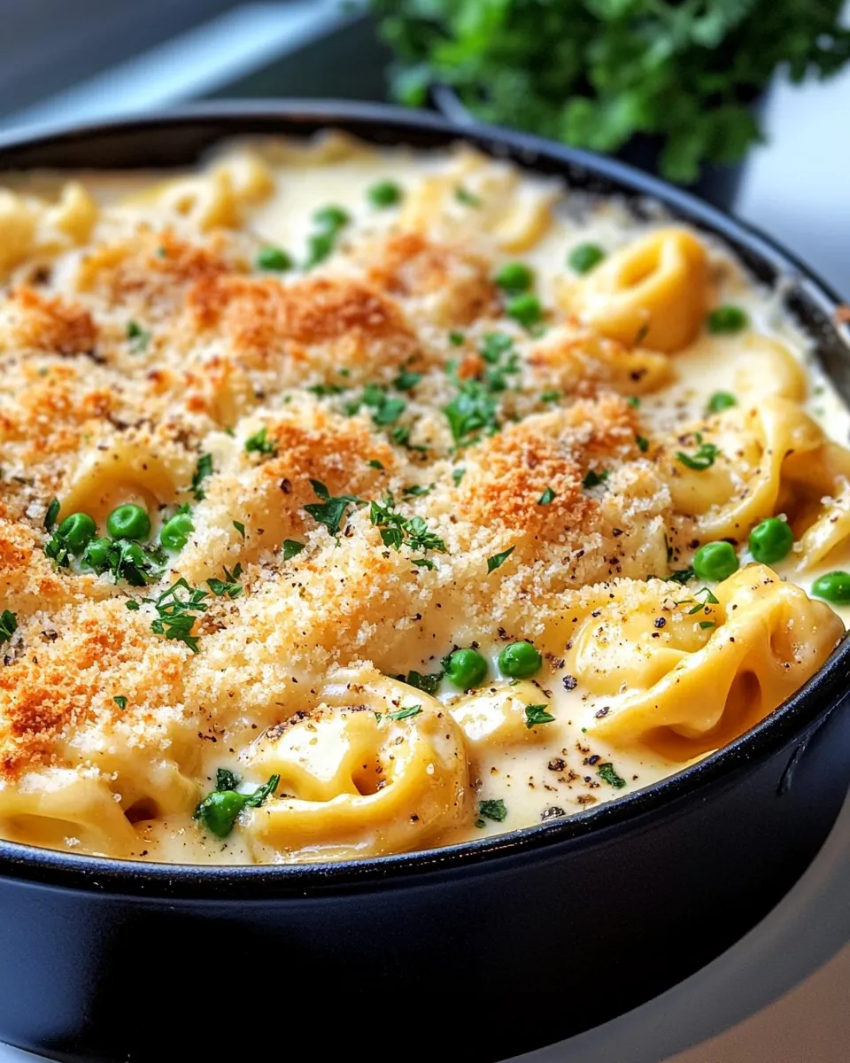 Classic Three-Cheese Baked Tortellini Alfredo food shot