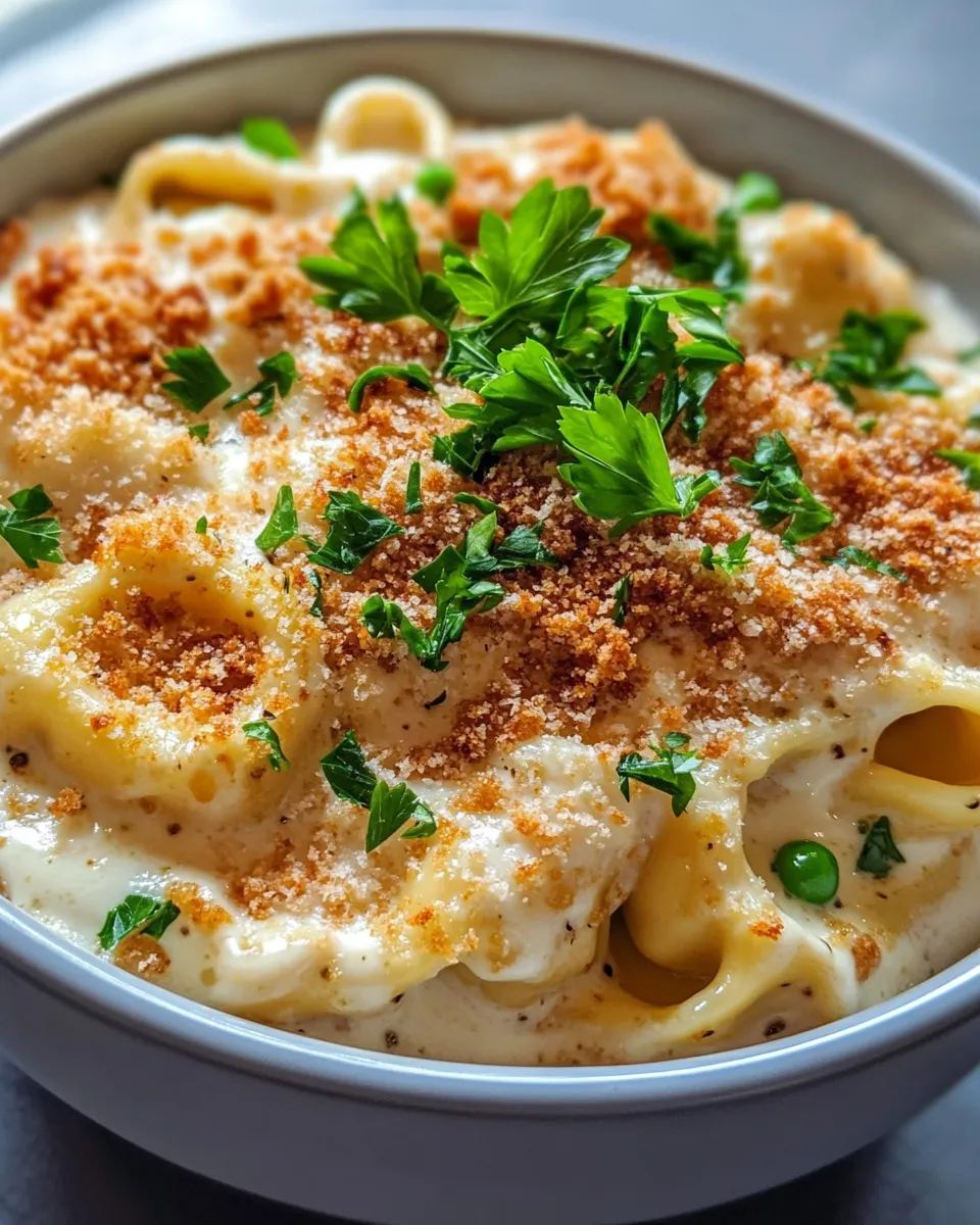 Delicious Three-Cheese Baked Tortellini Alfredo plate image