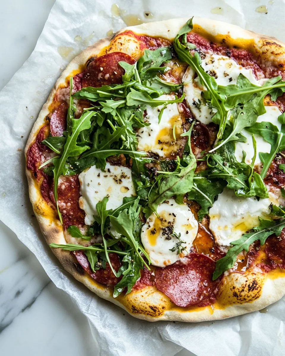 Tasty 15 Minute Thin Crust Pizza with Arugula and Hot Honey. recipe image