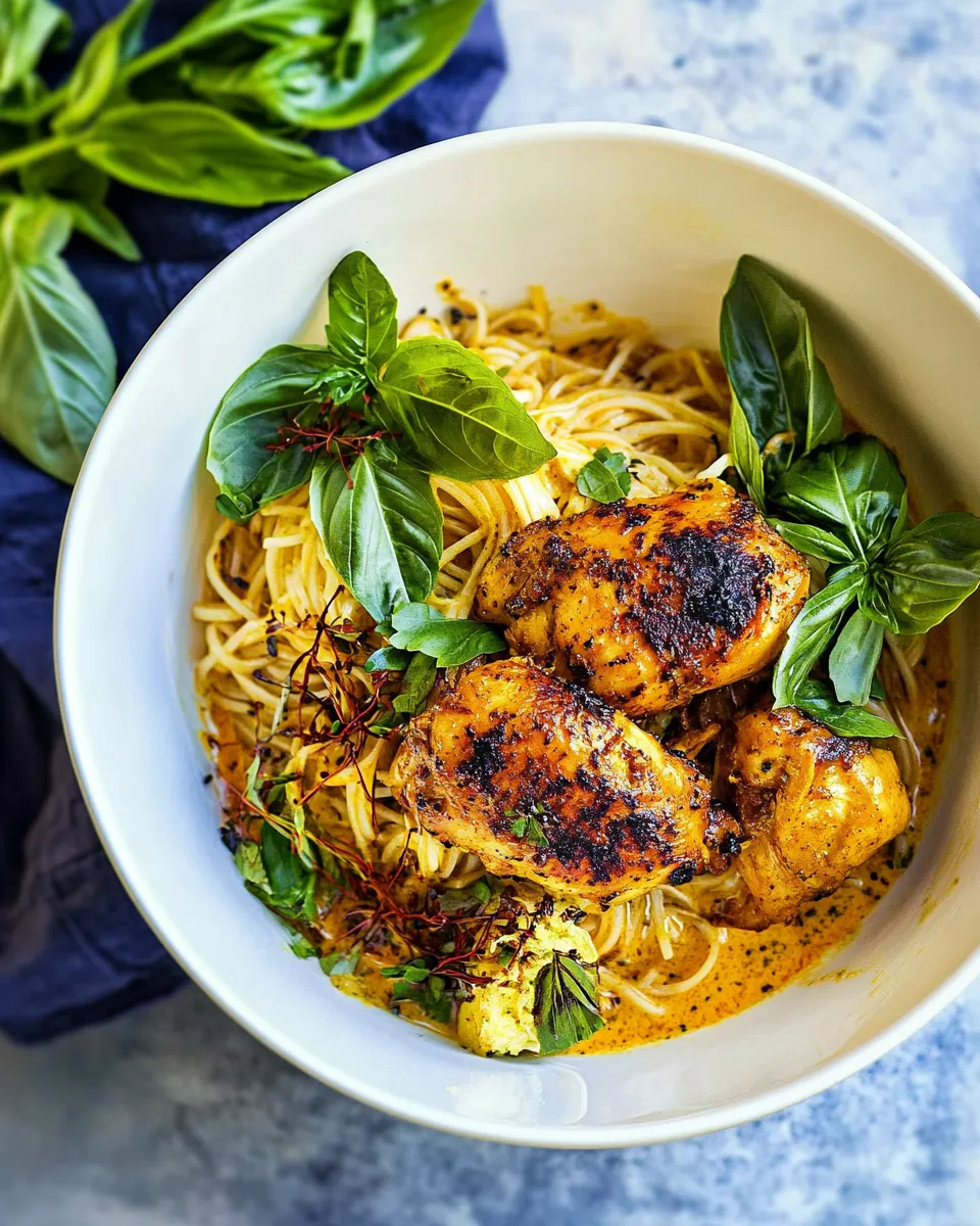 Homemade 30 Minute Creamy Thai Turmeric Chicken and Noodles. food shot