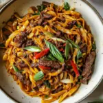 Delicious Almost Instant Red Curry Beef and Garlic Noodles. recipe photo