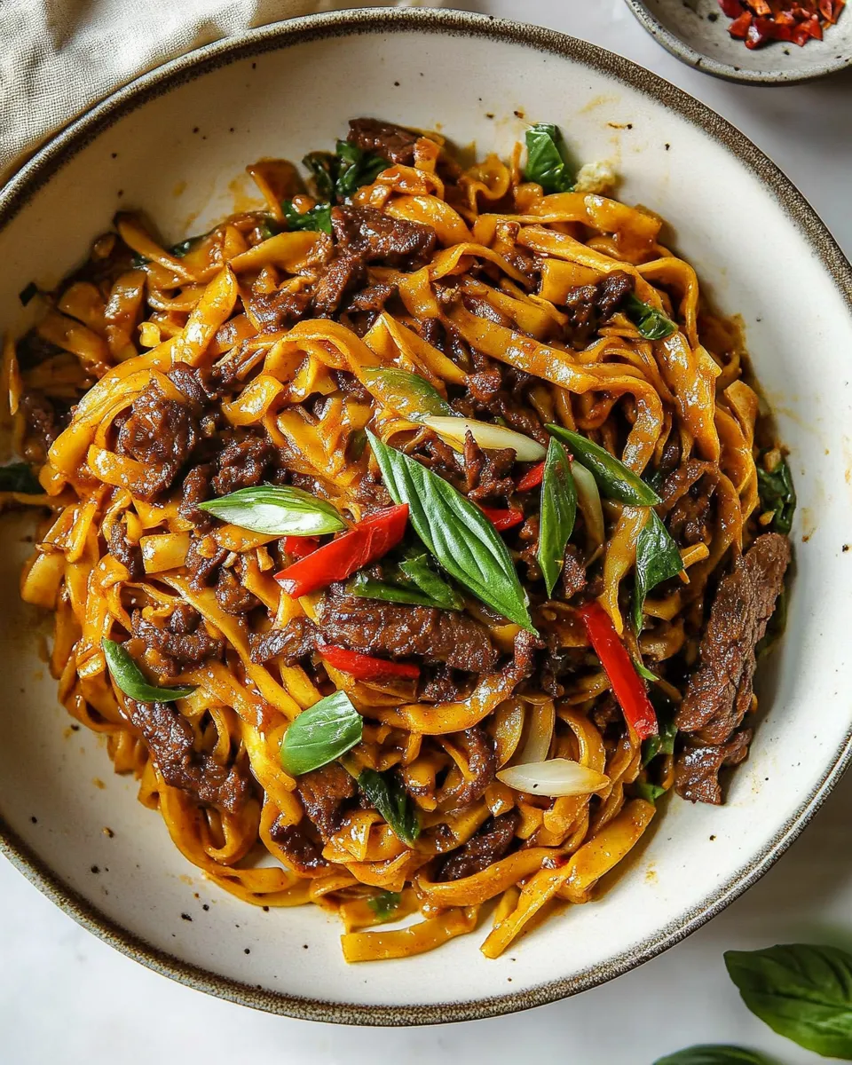 Delicious Almost Instant Red Curry Beef and Garlic Noodles. recipe photo