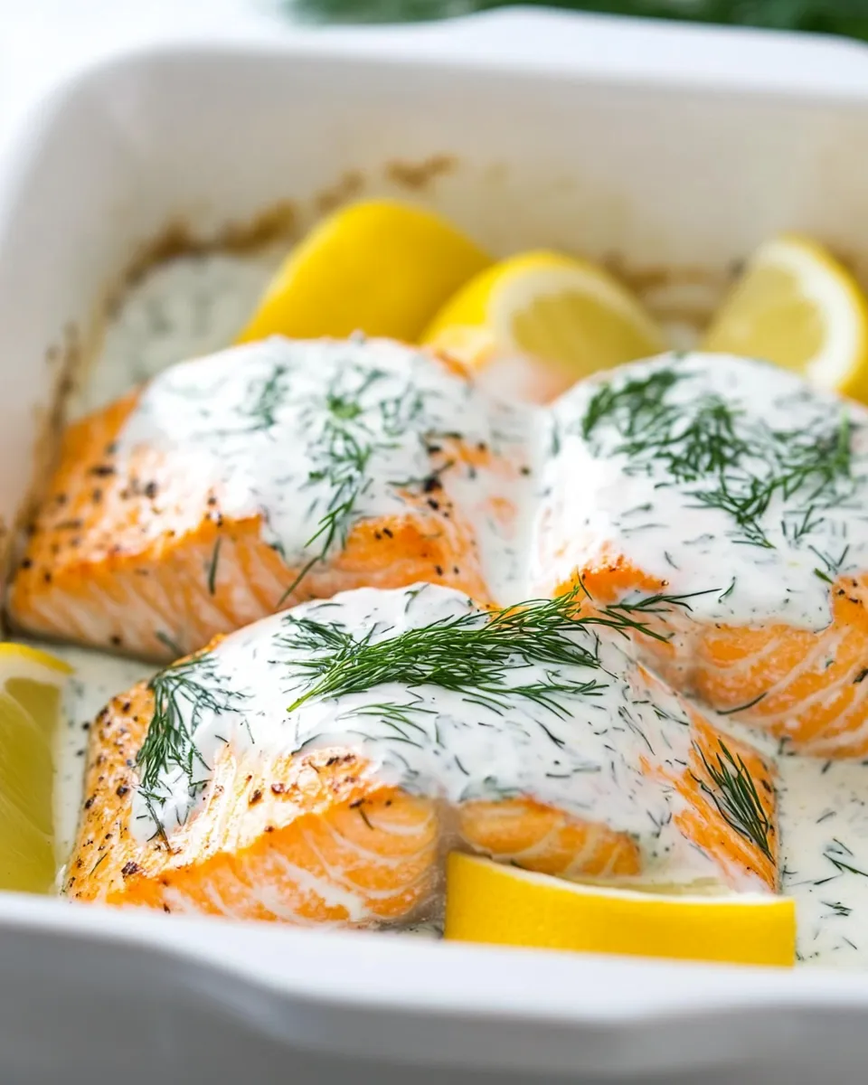 Healthy Baked Lemon Salmon with Creamy Dill Sauce recipe photo
