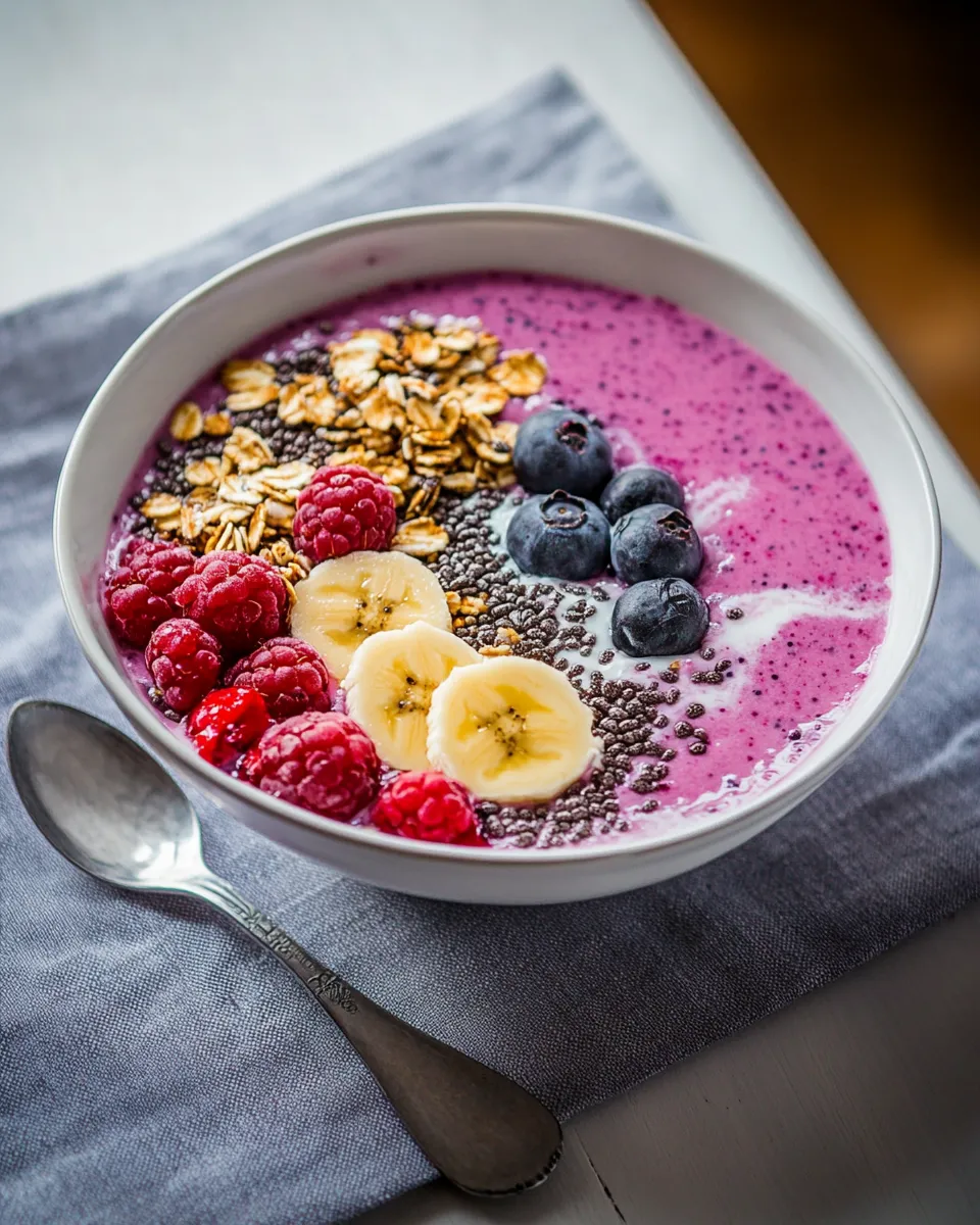 Homemade Berry smoothie bowl with banana photo
