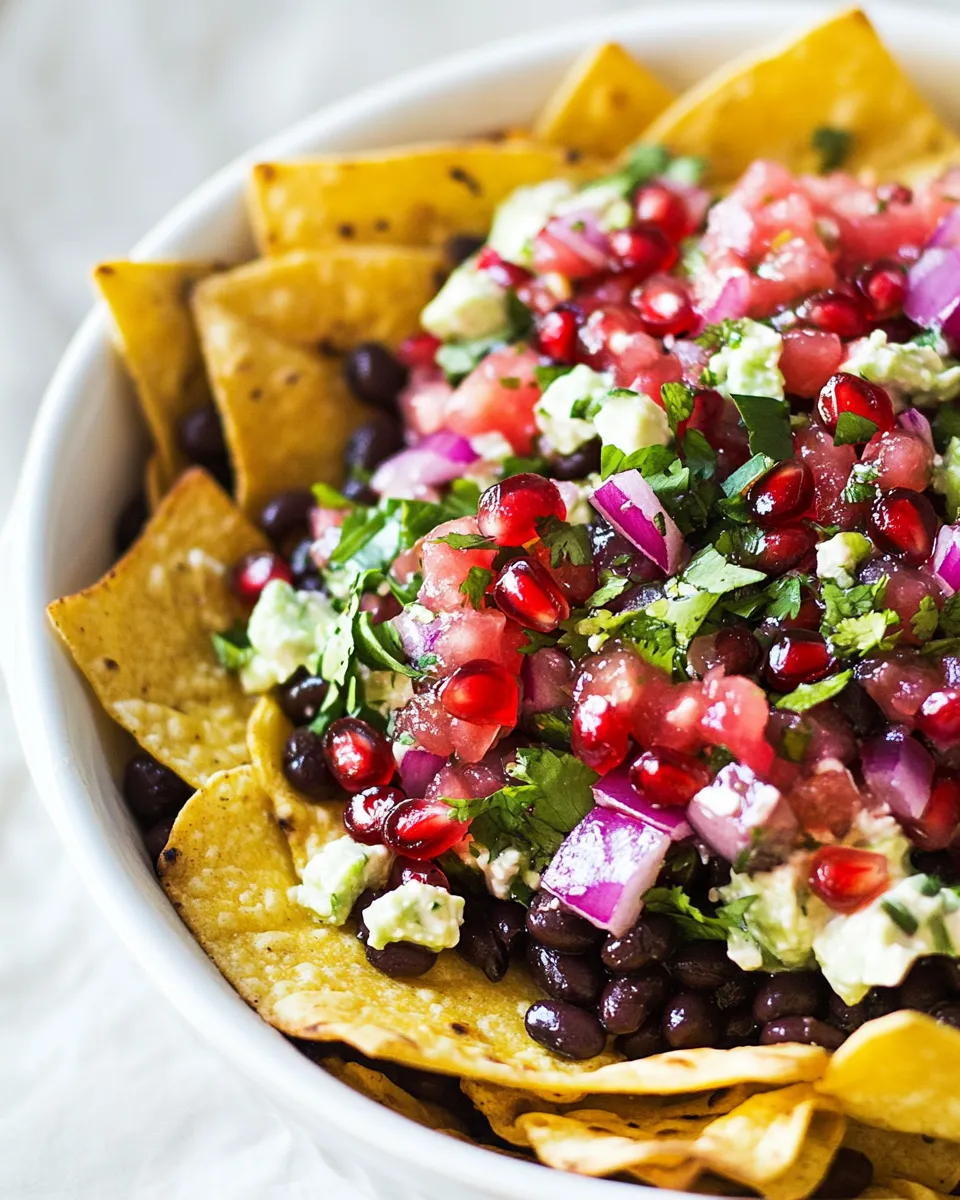 Savory Black Bean Nachos with Pomegranate Salsa food shot