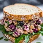 Homemade Blackberry Vegan Chickpea Salad Sandwich With Basil photo
