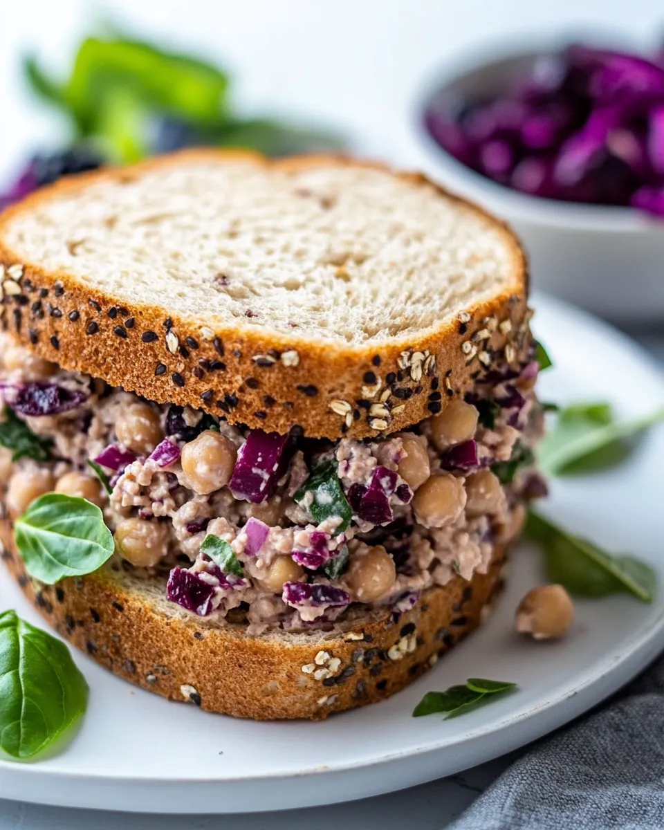 Fresh Blackberry Vegan Chickpea Salad Sandwich With Basil dish photo