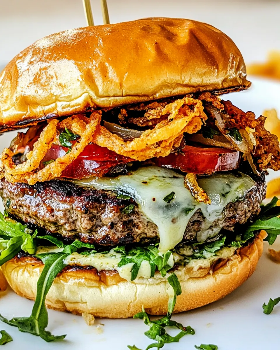 Delicious Blue Cheese Burgers with Crispy Fried Onion shot