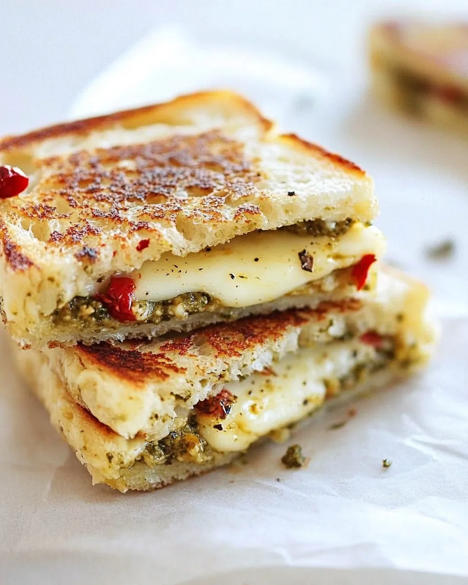 Delicious Brie, Pesto, and Sweet Pepper Grilled Cheese shot