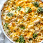 Quick Broccoli Cheddar Chicken and Noodle Casserole. shot