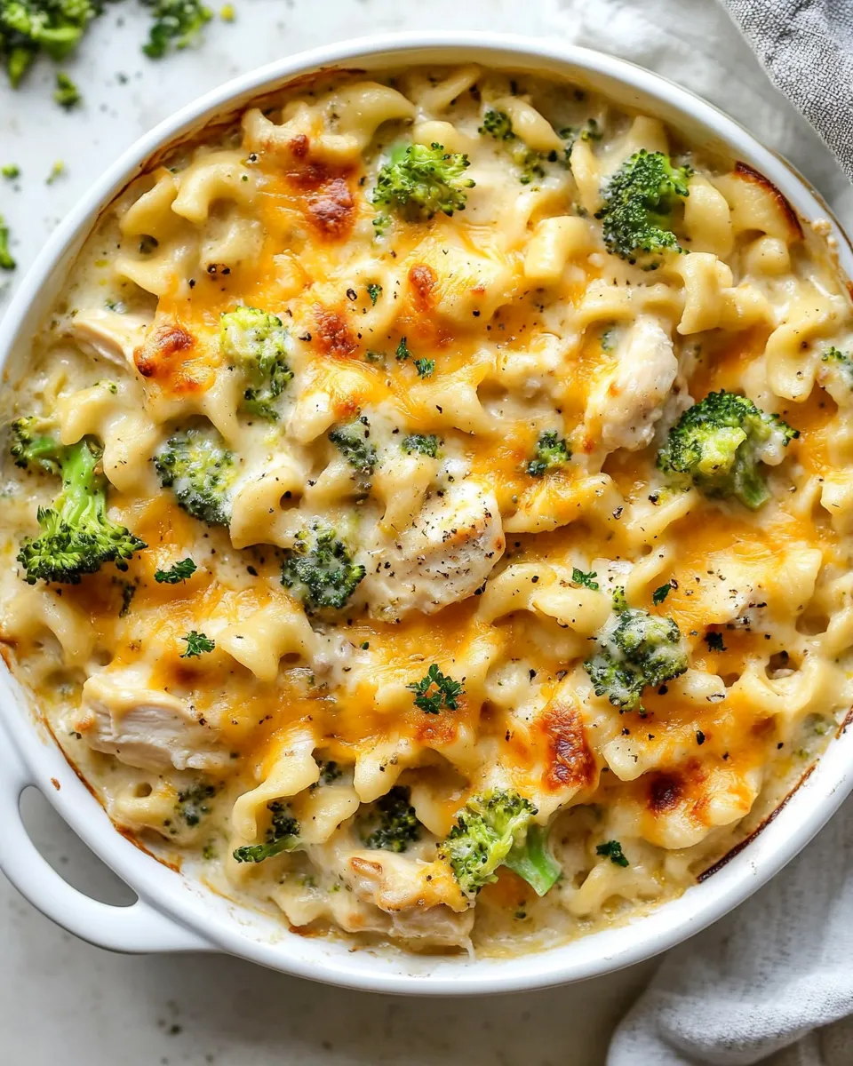 Simple Broccoli Cheddar Chicken and Noodle Casserole. shot