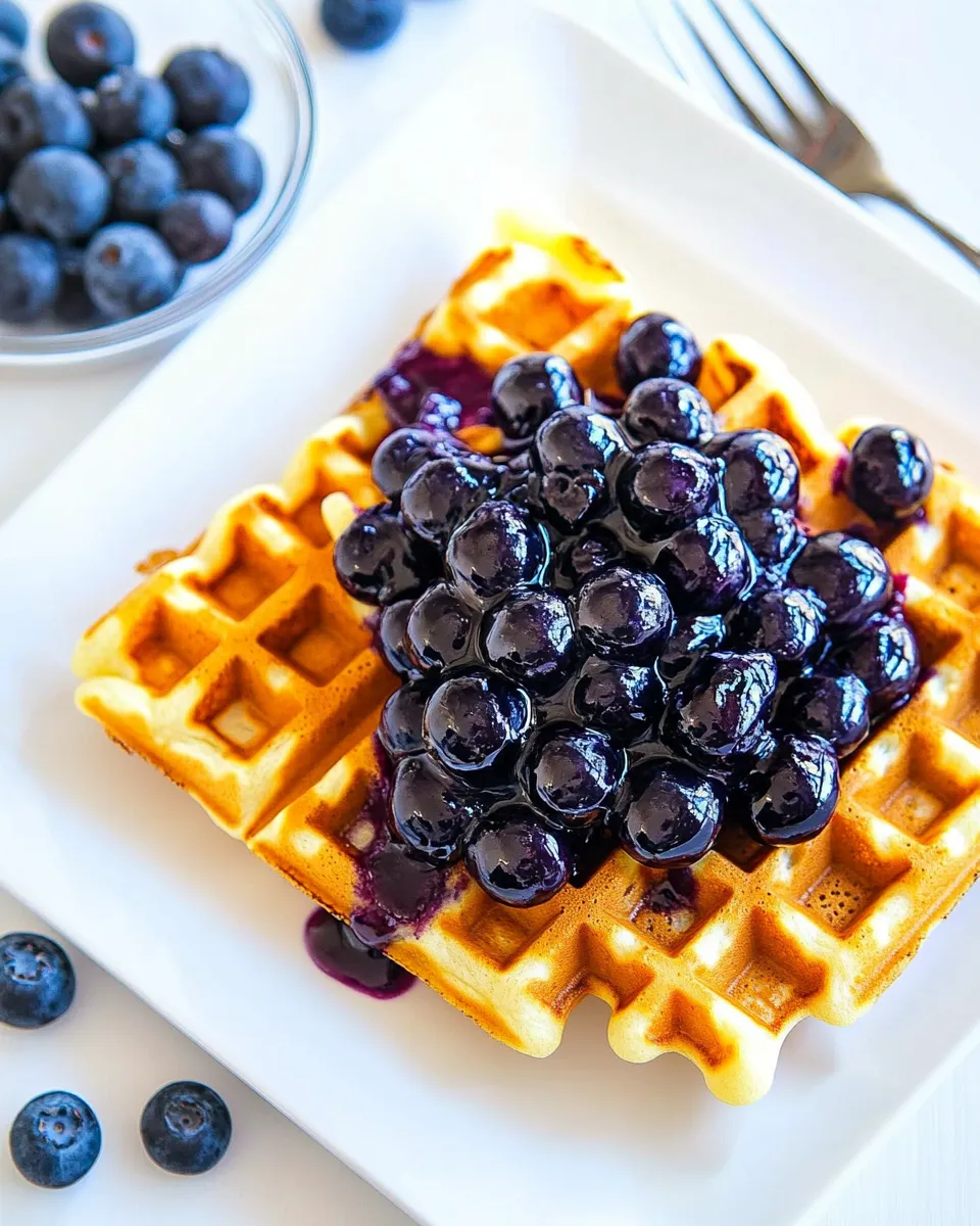 Delicious Buttermilk Waffles with Blueberry Sauce shot