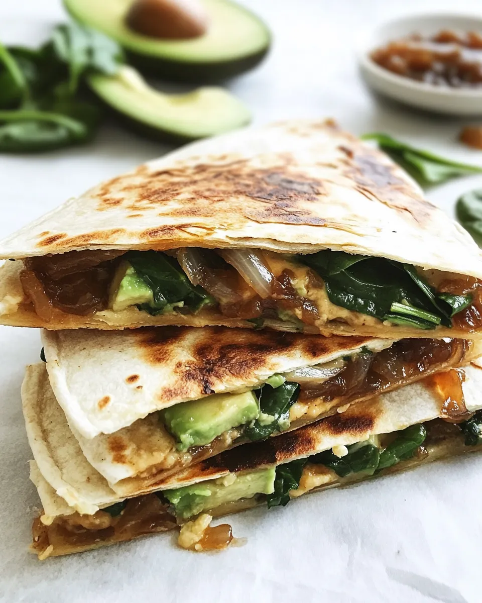 Homemade Caramelized Onion, Spinach, and Avocado Quesadilla photo