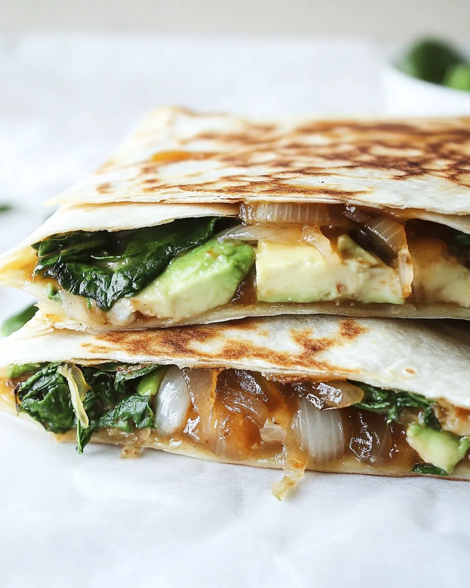 Savory Caramelized Onion, Spinach, and Avocado Quesadilla shot
