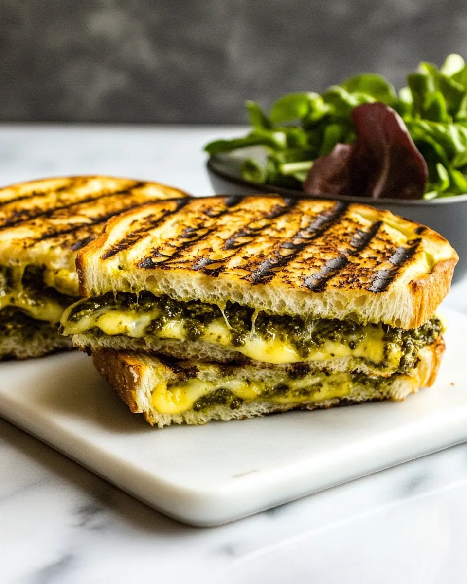 Delicious Cheddar Pesto Panini Melts shot