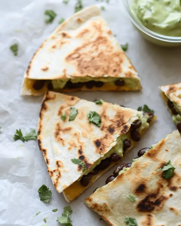 Simple Cheesy Double Bean Quesadillas with Homemade Avocado Ranch. picture