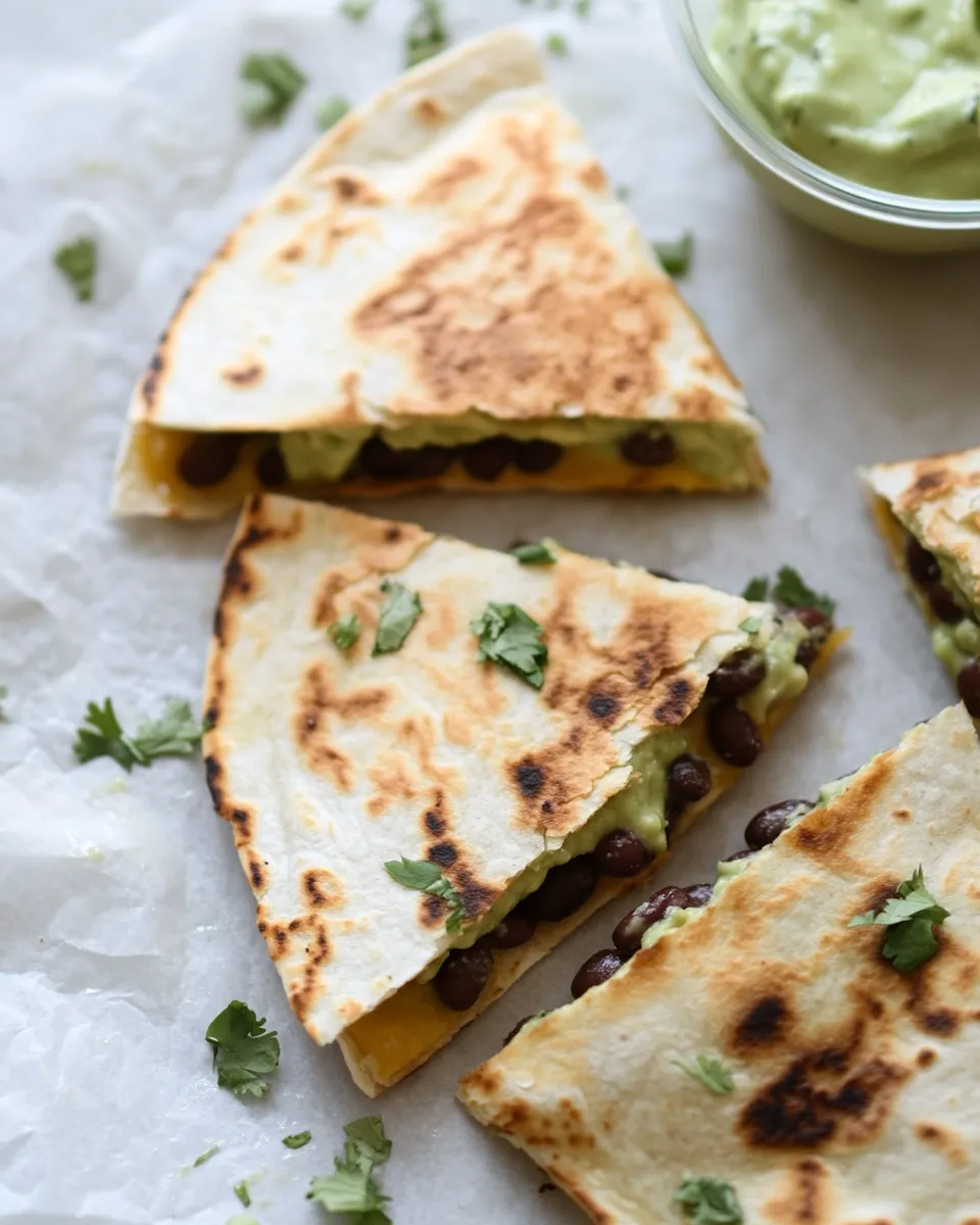 Simple Cheesy Double Bean Quesadillas with Homemade Avocado Ranch. picture
