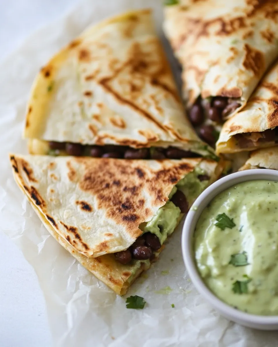 Amazing Cheesy Double Bean Quesadillas with Homemade Avocado Ranch. dish image