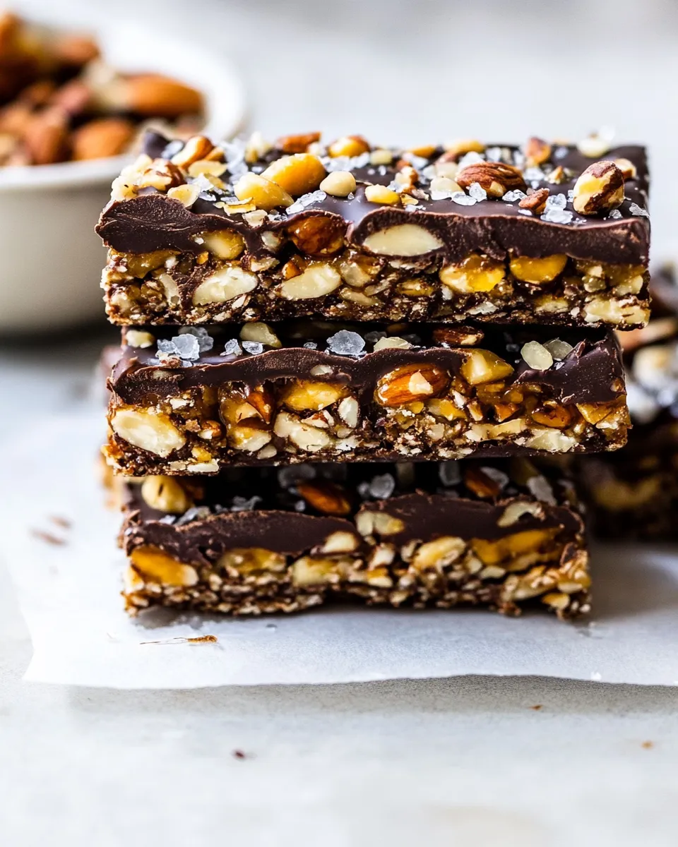 Savory Chocolate Dunked Salted Honey Nut Bars. food shot