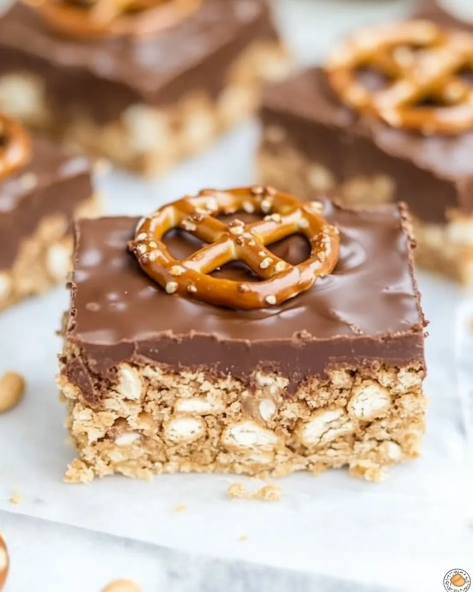 Delicious Chocolate Peanut Butter Pretzel Bars food shot