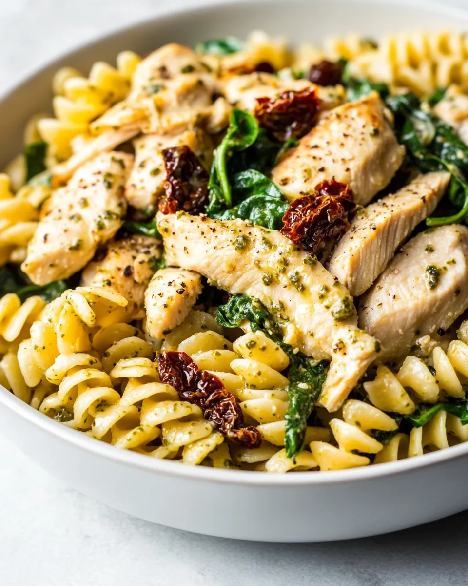 Delicious Creamy Chicken Pesto Pasta with Spinach and Sun-dried Tomatoes image