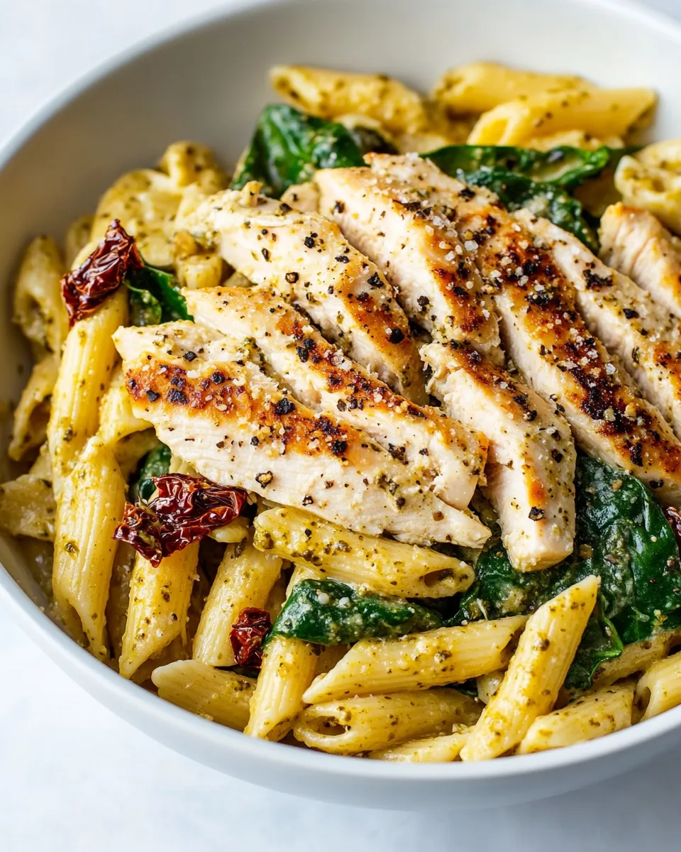 Homemade Creamy Chicken Pesto Pasta with Spinach and Sun-dried Tomatoes recipe photo