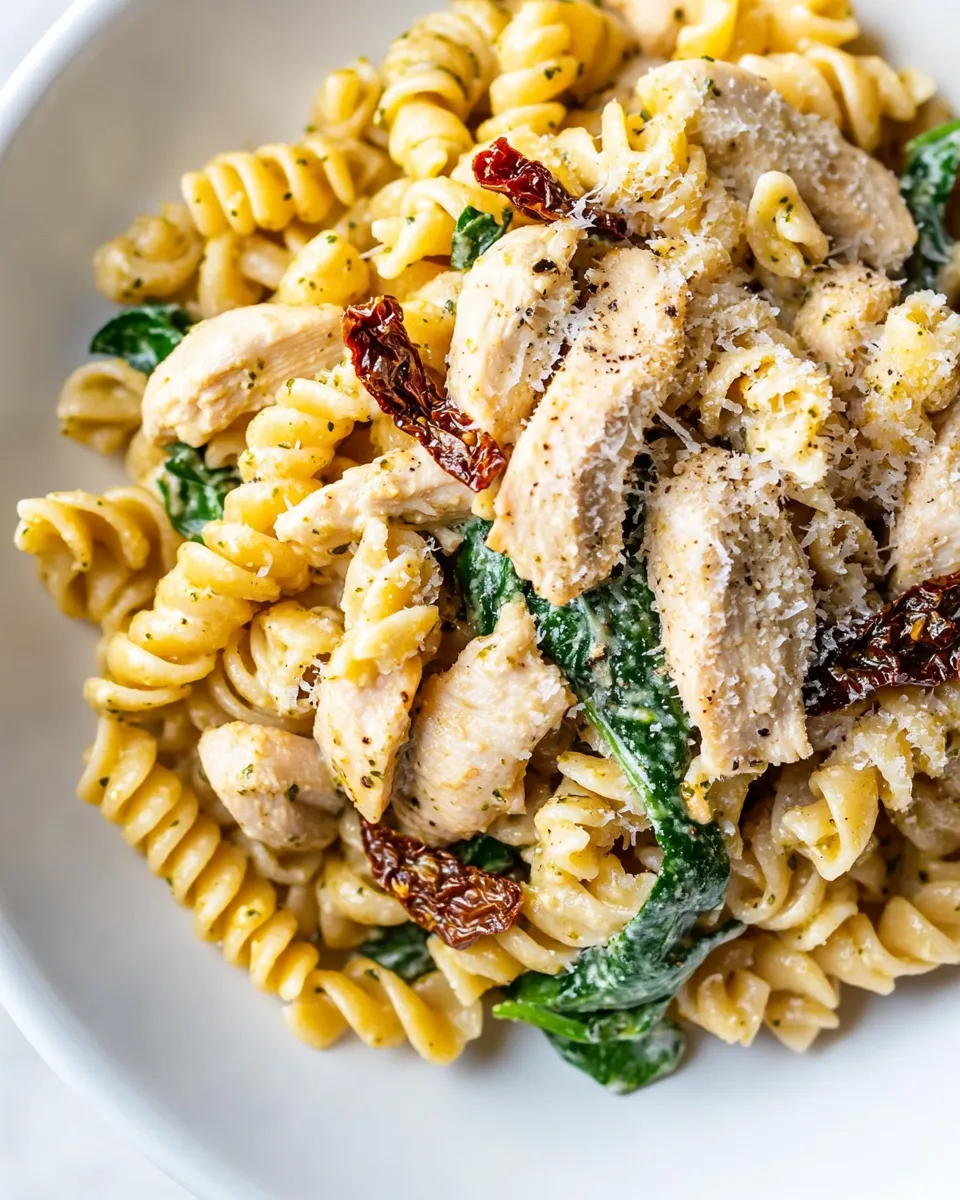 Best Creamy Chicken Pesto Pasta with Spinach and Sun-dried Tomatoes shot