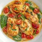 Homemade Creamy Garlic Chicken w/ Spinach and Cherry Tomatoes photo