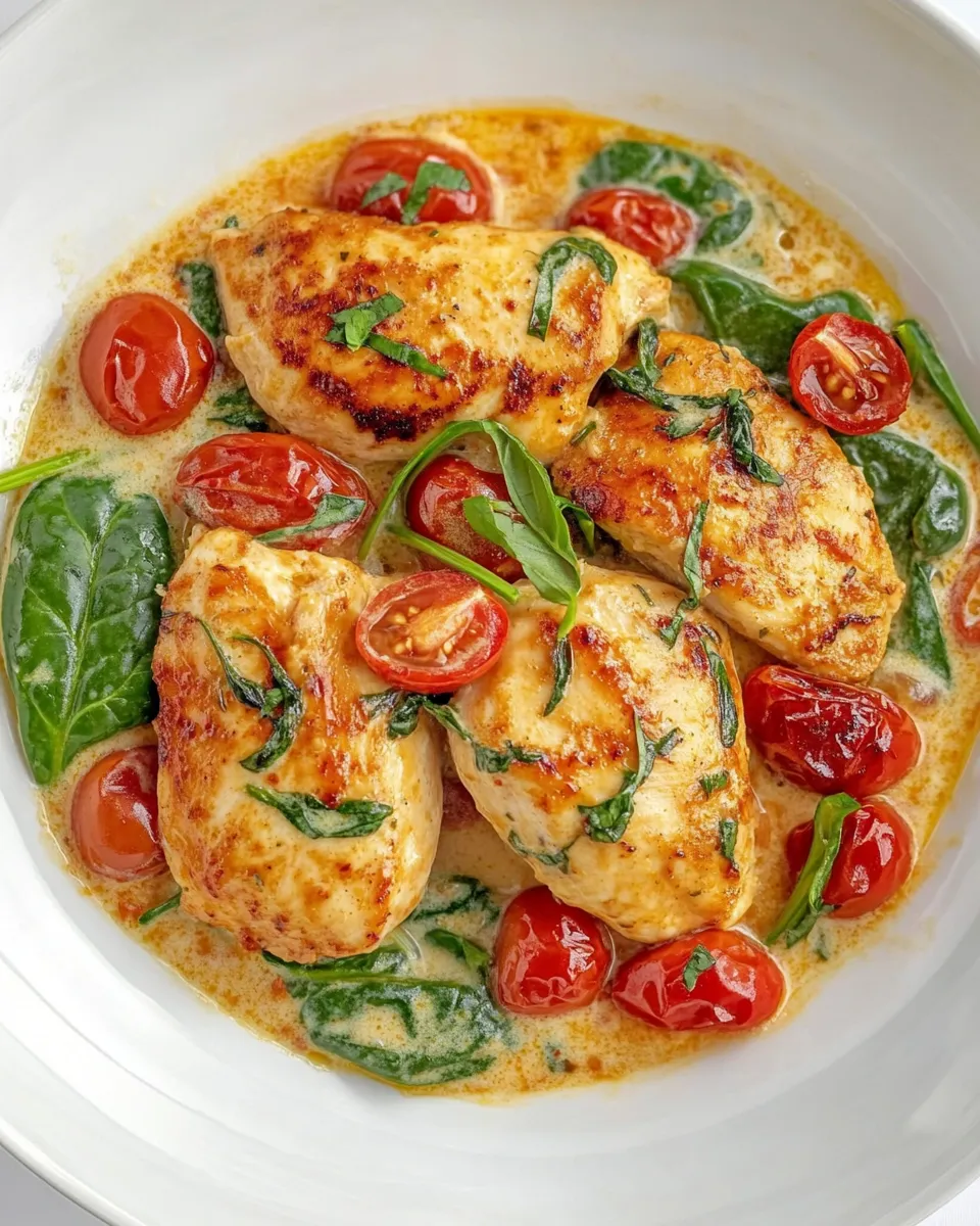 Homemade Creamy Garlic Chicken w/ Spinach and Cherry Tomatoes photo