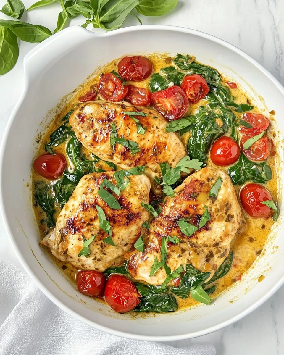 Delicious Creamy Garlic Chicken w/ Spinach and Cherry Tomatoes shot