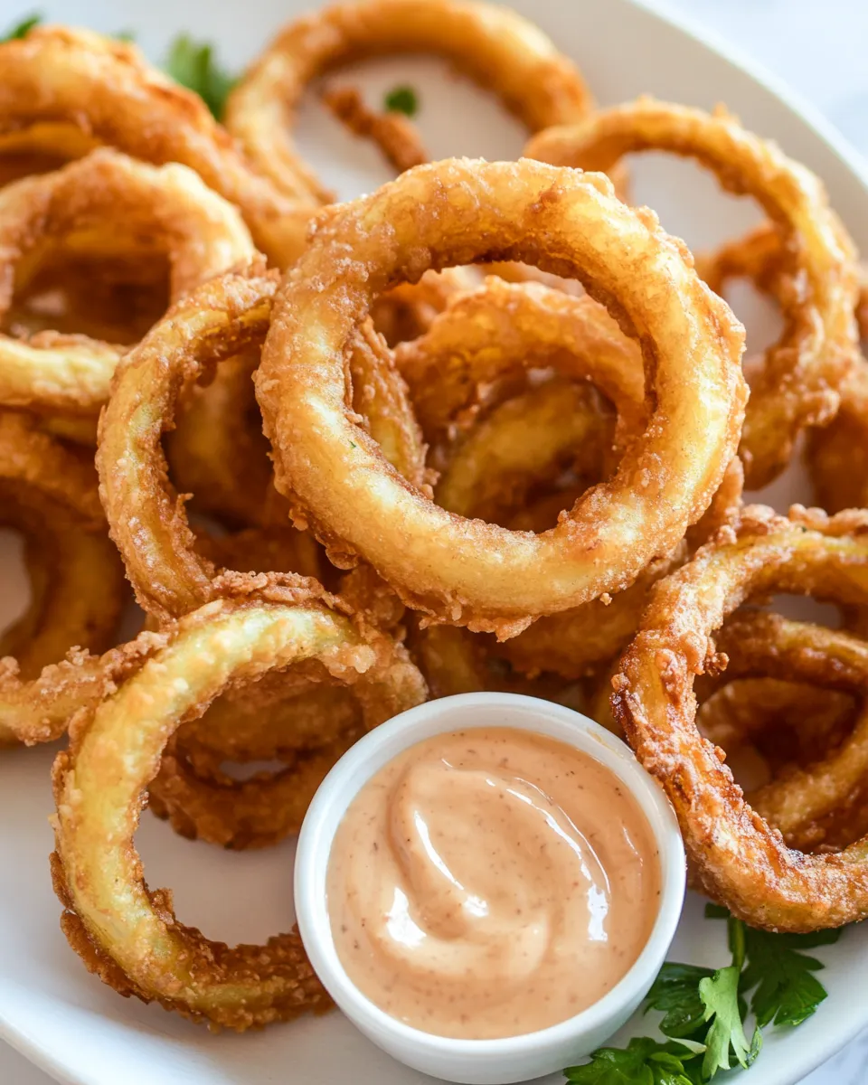 Tasty Crispy Onion Rings with Dipping Sauce shot