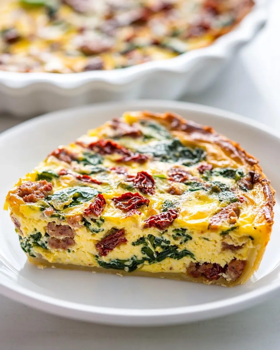 Classic Crustless Quiche Recipe (Spinach, Sausage, and Sun-Dried Tomatoes) image
