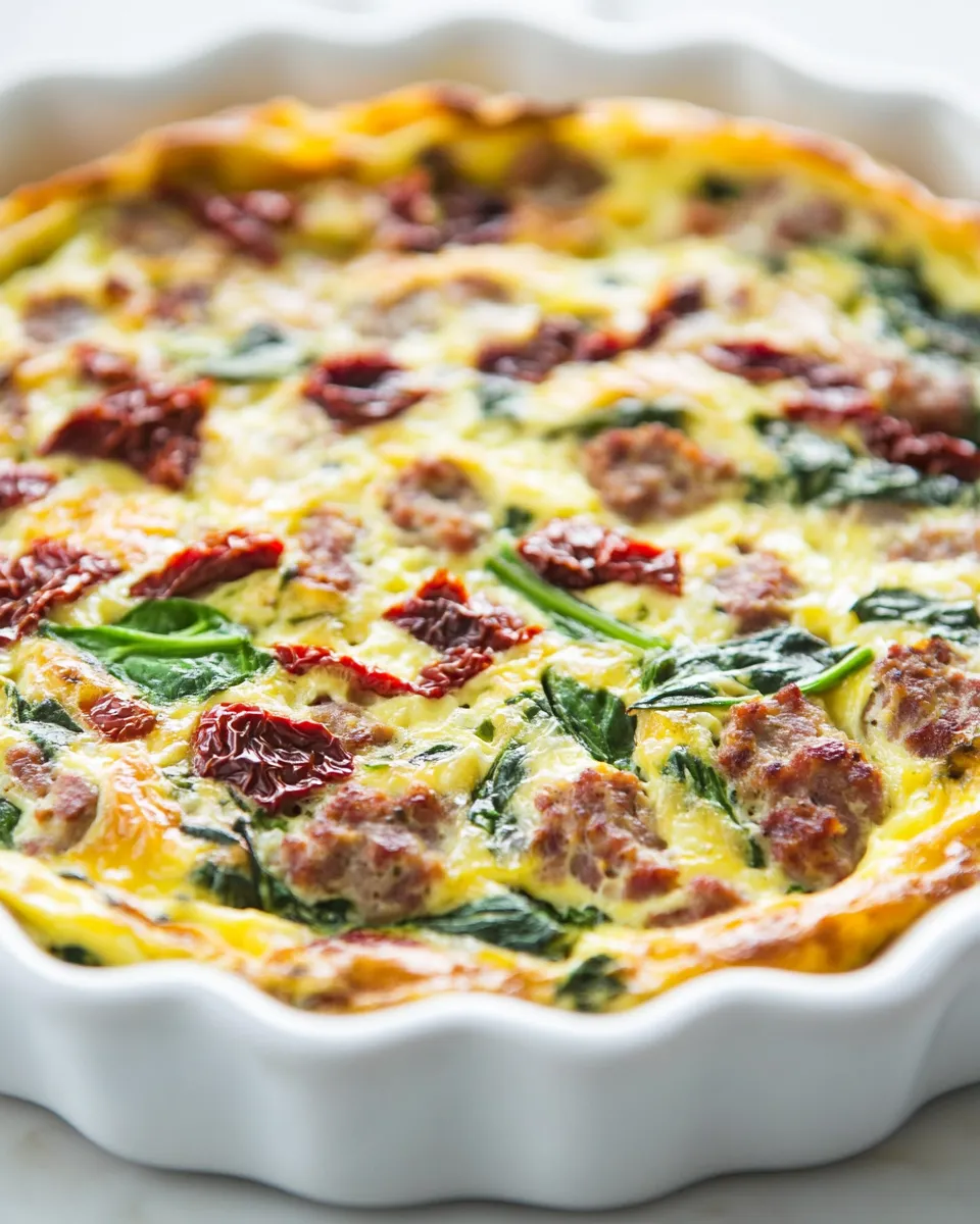 Delicious Crustless Quiche Recipe (Spinach, Sausage, and Sun-Dried Tomatoes) shot