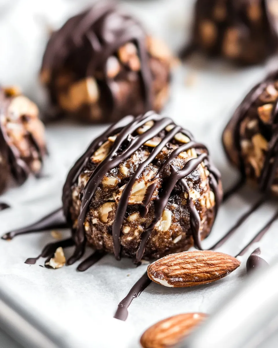 Quick Dark Chocolate Covered Coffee Roasted Almond and Peanut Butter Oatmeal Bites. food shot