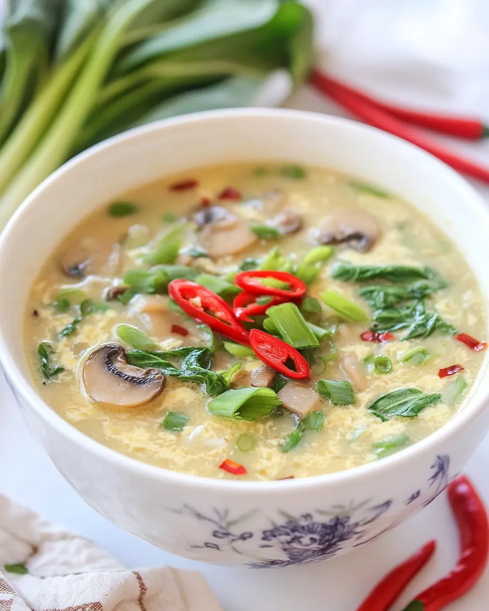 Delicious Egg Drop Soup with Bok Choy and Mushrooms shot