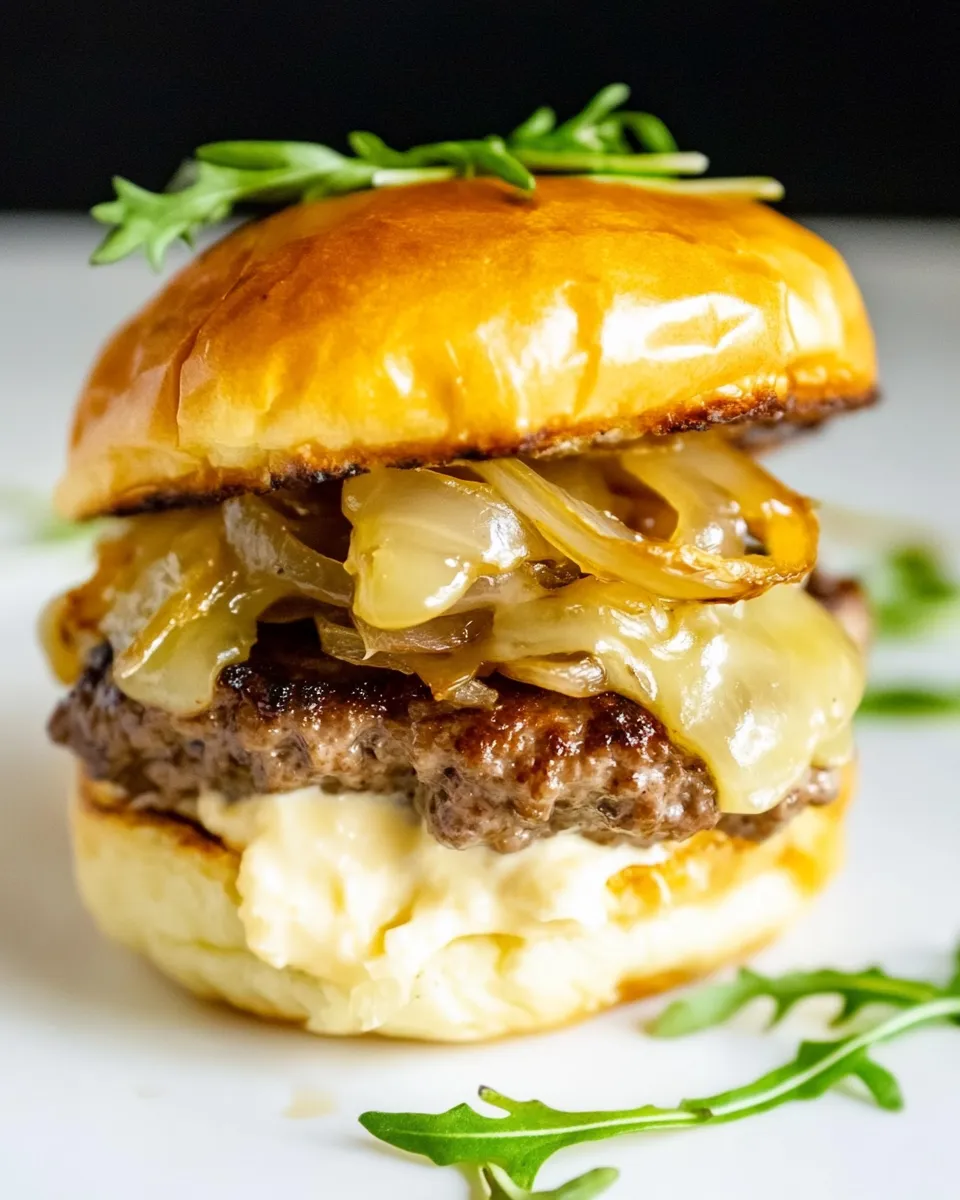 Delicious French Onion Burgers shot