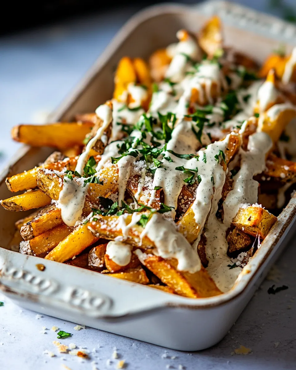 Easy Garlic Parmesan French Fries Dressed in Caesar Dressing. dish image