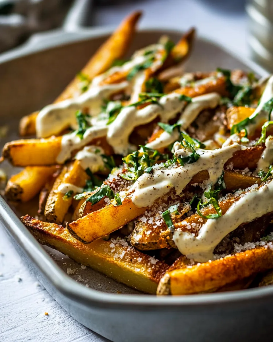 Healthy Garlic Parmesan French Fries Dressed in Caesar Dressing. dish image