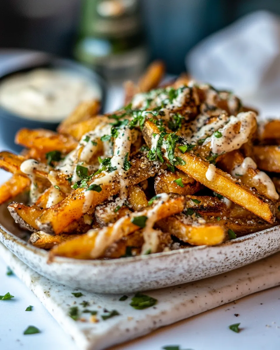 Amazing Garlic Parmesan French Fries Dressed in Caesar Dressing. shot