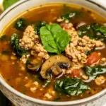 Homemade Ground Turkey Soup with Mushrooms and Spinach photo
