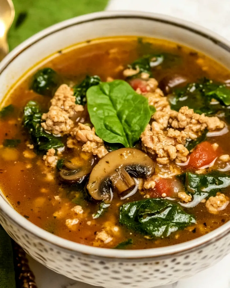 Homemade Ground Turkey Soup with Mushrooms and Spinach photo