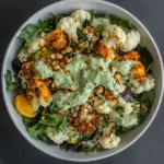 Homemade Harissa Roasted Cauliflower Salad Lemon-Avocado Dressing photo