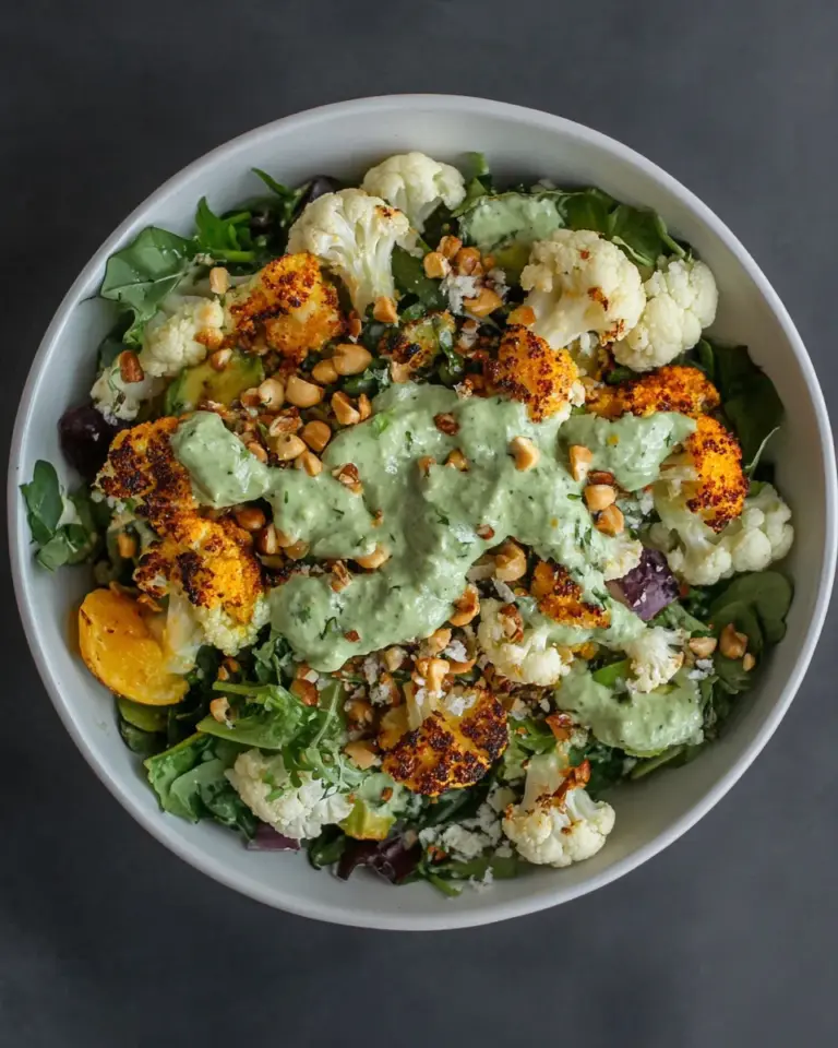 Homemade Harissa Roasted Cauliflower Salad Lemon-Avocado Dressing photo