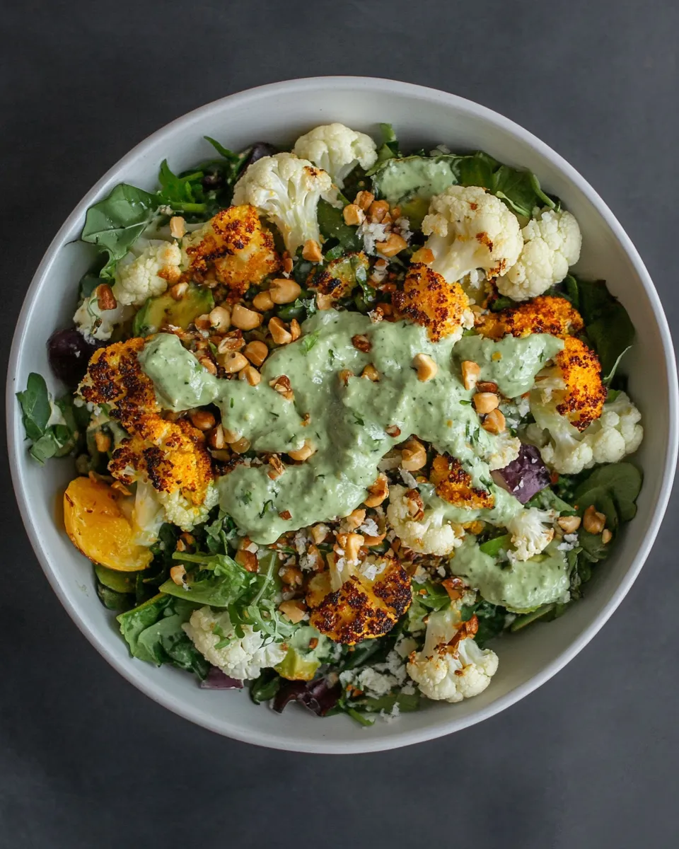 Homemade Harissa Roasted Cauliflower Salad Lemon-Avocado Dressing photo