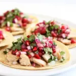 Savory Honey Ginger Chicken Tostadas with Pomegranate Lime Salsa. recipe photo