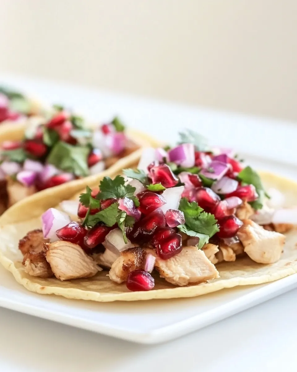 Ultimate Honey Ginger Chicken Tostadas with Pomegranate Lime Salsa. food shot