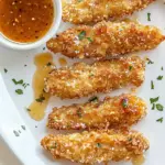 Classic Hot Honey Pretzel Chicken Fingers with House Sauce. picture